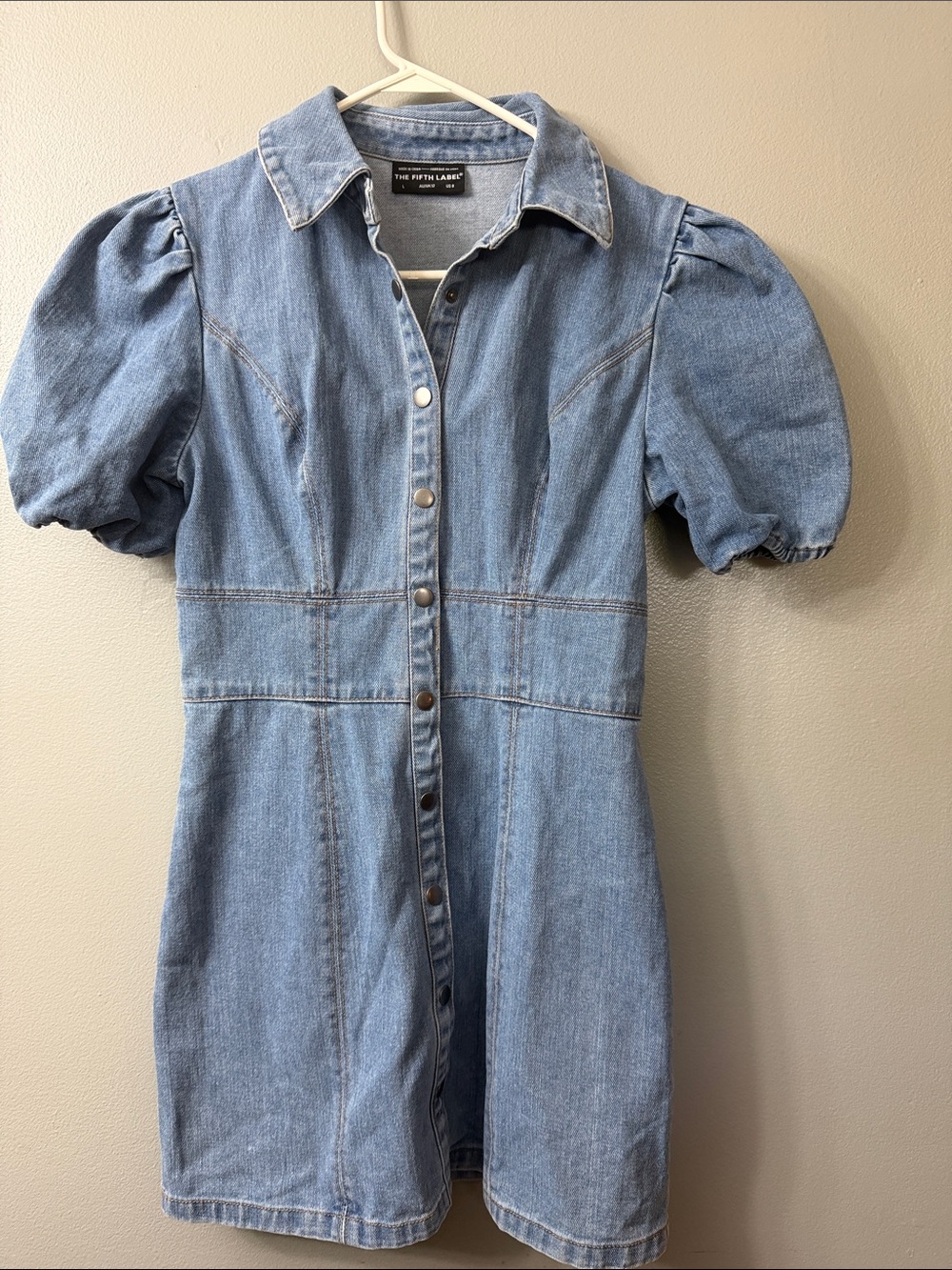 the fifth label denim dress Denim Button-Front Puff Sleeve Dress -8